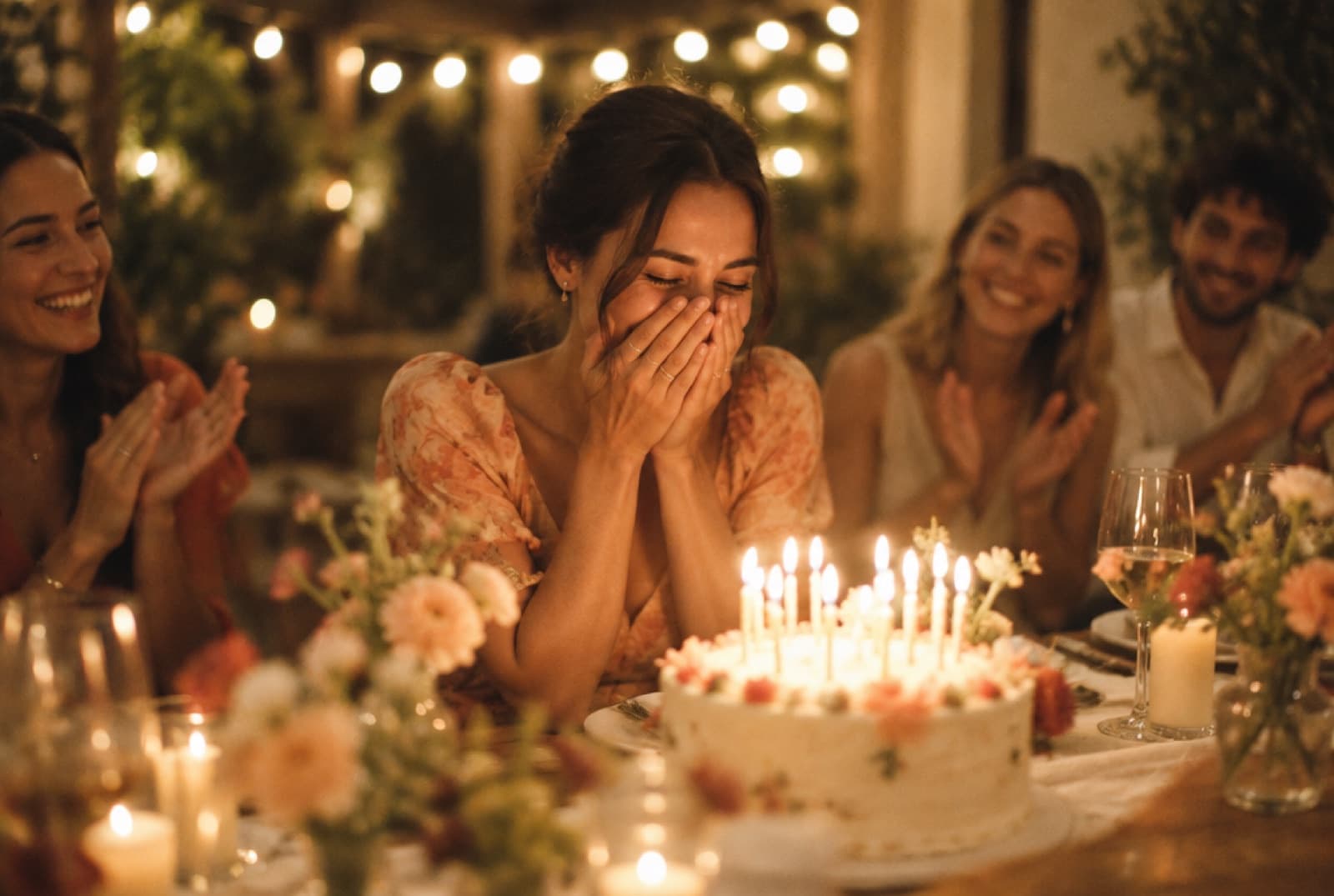 A woman covers her face, laughing, as her friends bring out a candlelit birthday cake