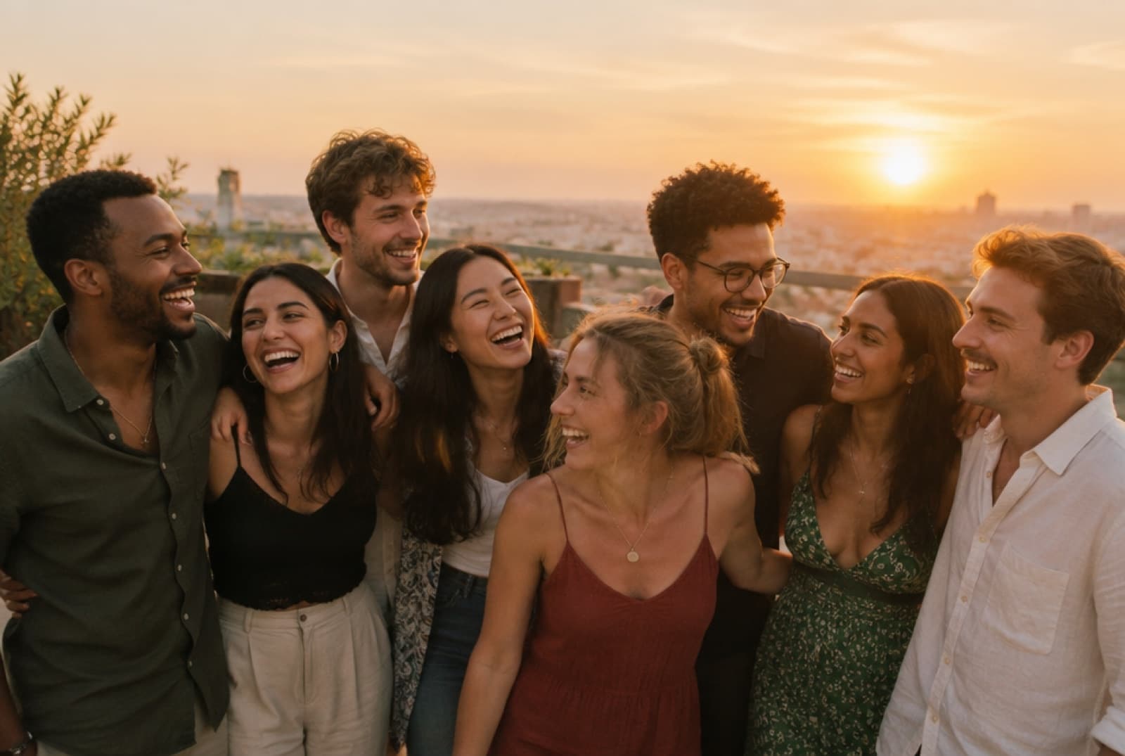 A group of friends laughing together on a rooftop at sunset