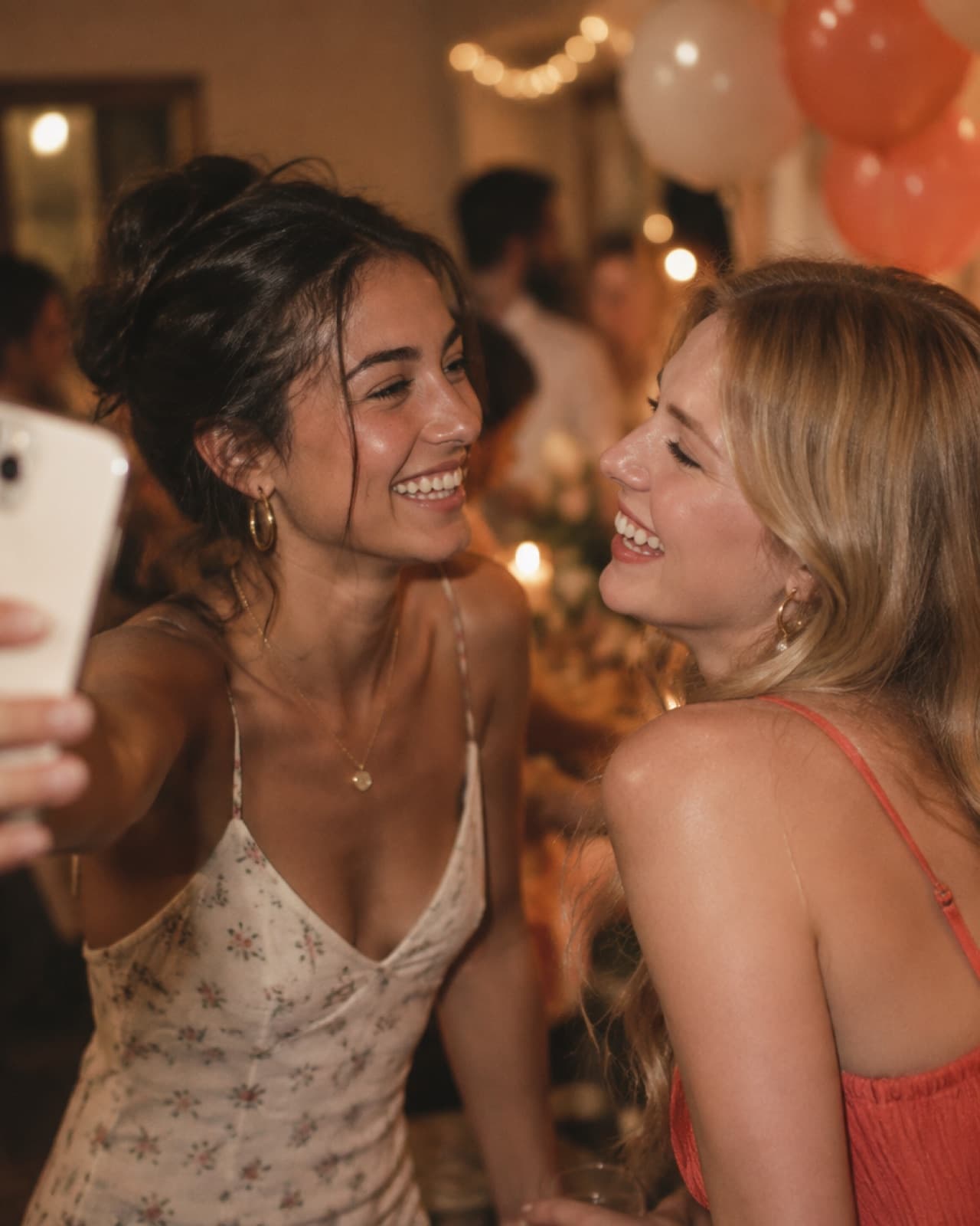 Two friends laughing together at a birthday party